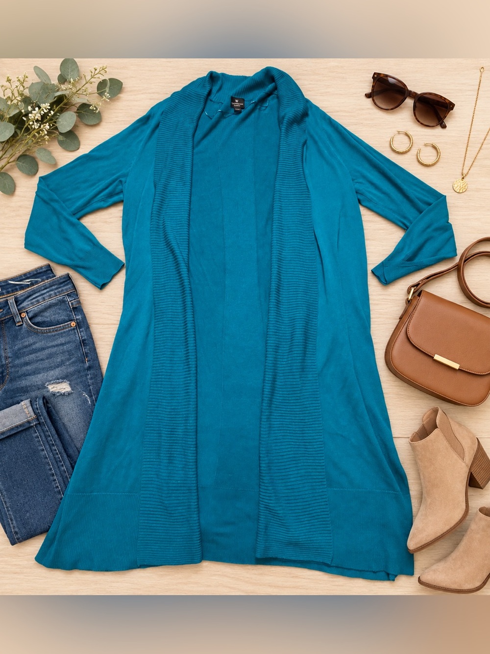 Worthington Woman Teal Blue Longline Open Front Cardigan Sweater Plus Size 1X